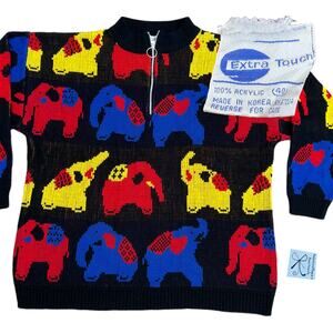 Extra Touch Elephant Mod Pop Art 3/4 Zip Sweater Sz 40